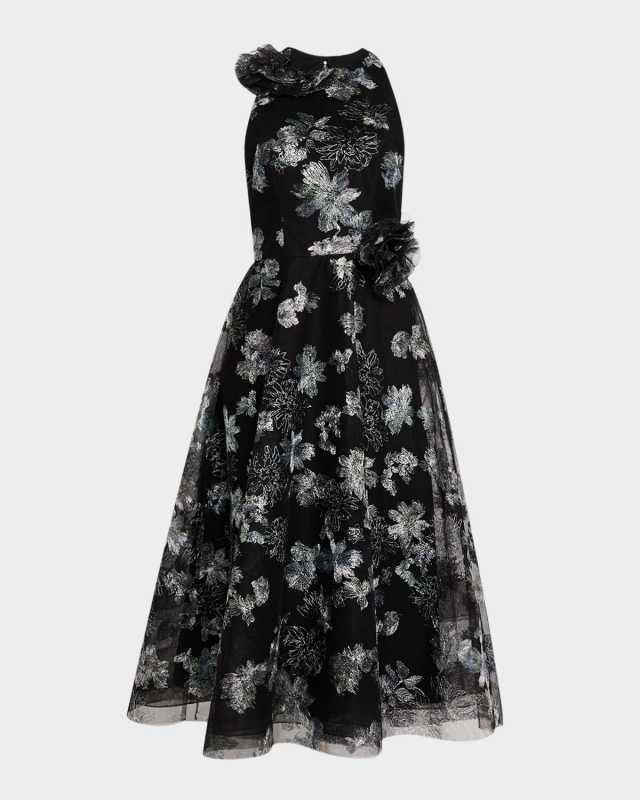 Metallic Floral-Embroidered Tulle Midi Dress